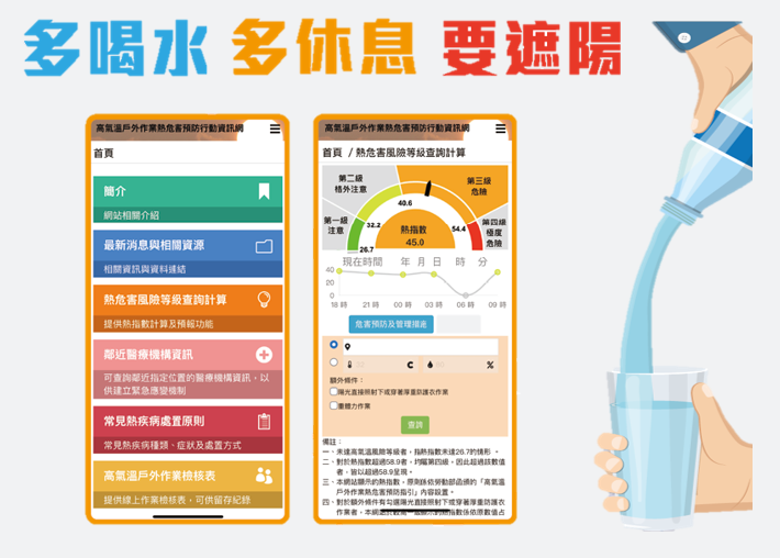 多喝水、多休息、要遮陽